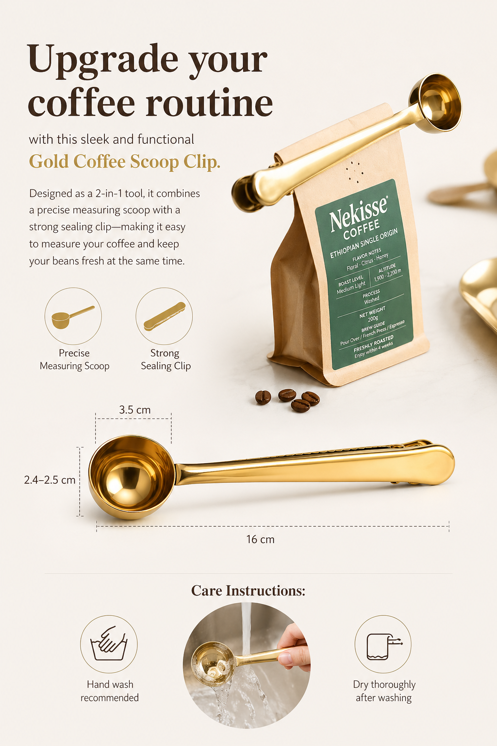 Gold Coffee Scoop Clip (2-in-1)