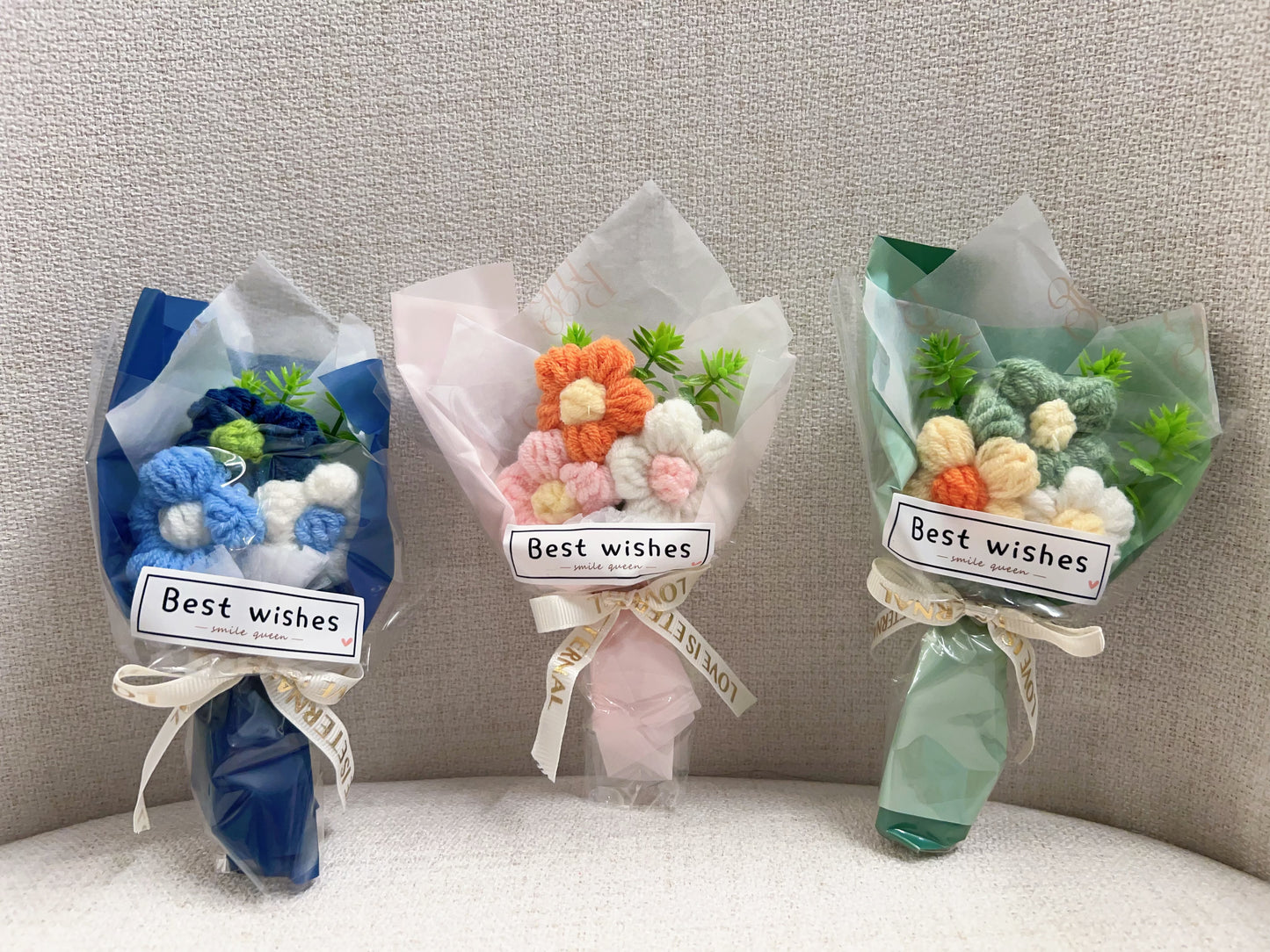 2 Mini Yarn Flower Bouquets with Gift Bag