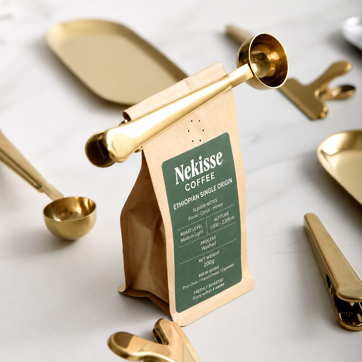 Gold Coffee Scoop Clip (2-in-1)