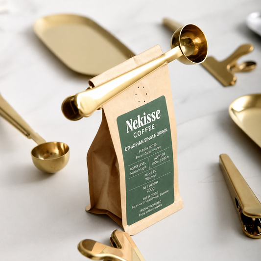 Gold Coffee Scoop Clip (2-in-1)