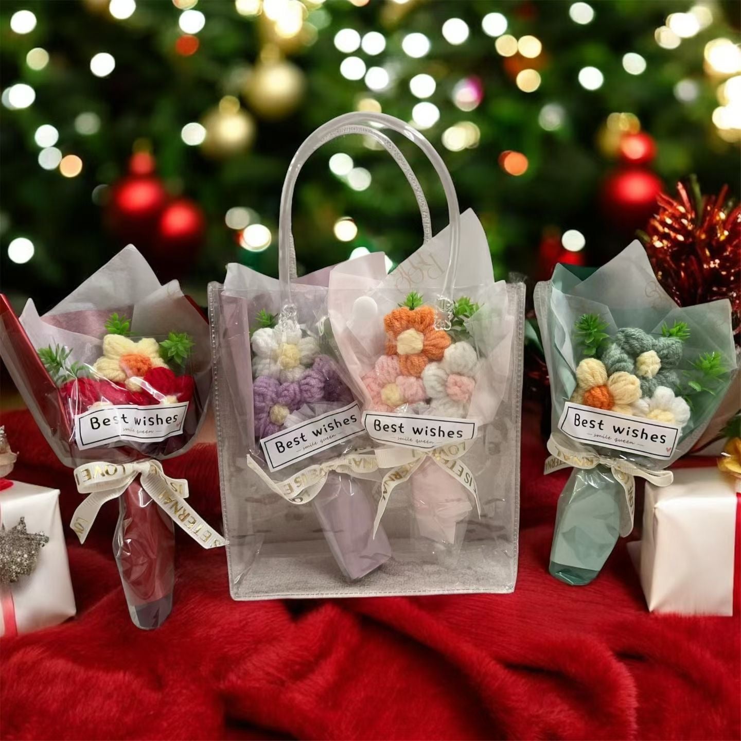 2 Mini Yarn Flower Bouquets with Gift Bag