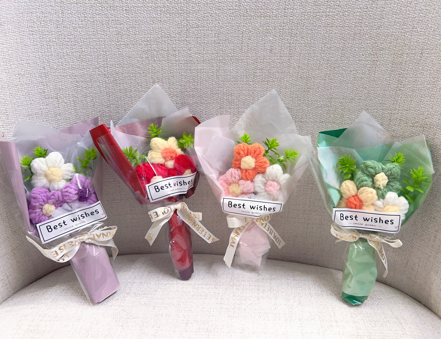 2 Mini Yarn Flower Bouquets with Gift Bag